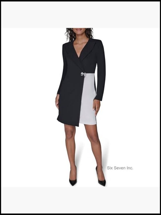 Long Sleeve Scuba Crepe Blazer Dress with Embellished Closure - Picture 2 of 5